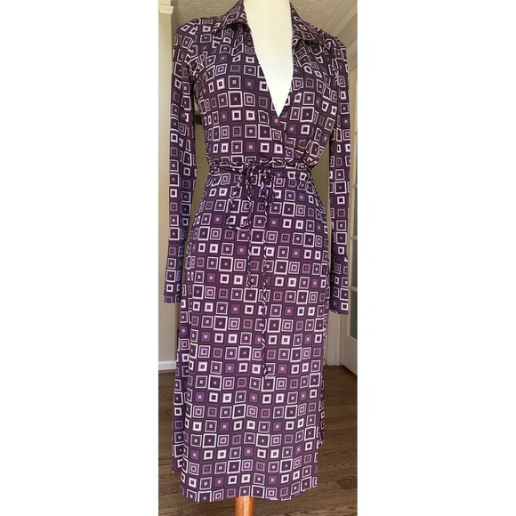 Vintage Bebe Plum Wrap Dress Long Sleeves Square Box Print SZ Small - Picture 1 of 6